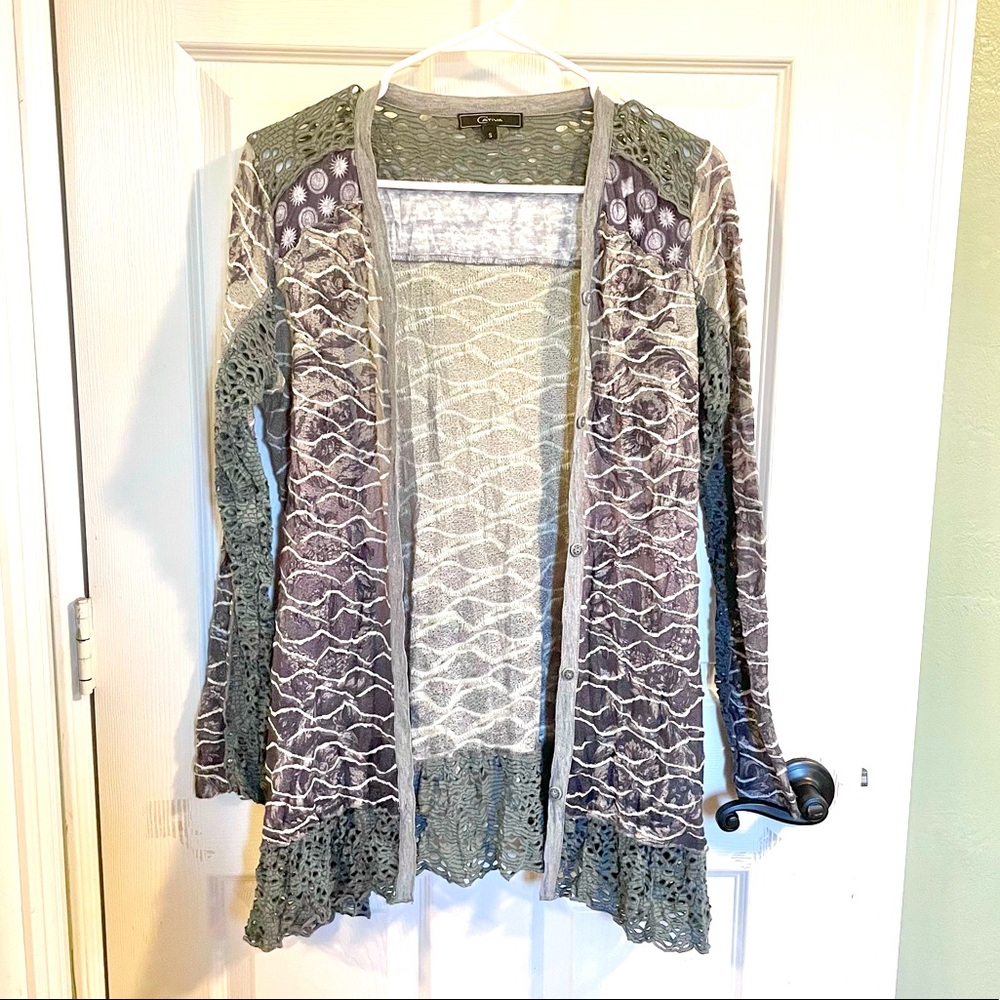 Cardigan Sweater Top Green Purple Lace Ruffle Distressed Boho Free People Style